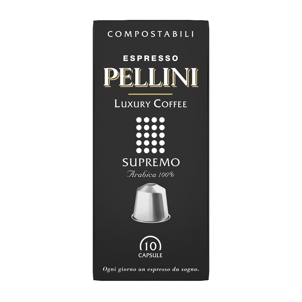 Compatible capsules - PELLINI LUXURY SUPREMO 100% Arabica coffee Nespresso® compatible* Self-protected Compostable capsules